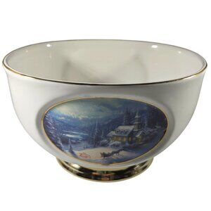 Thomas Kinkade Teleflora Ceramic Bowl Sunday Evening Sleigh Ride Gold Trim